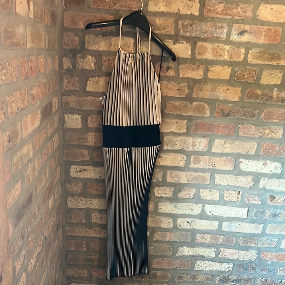 Zara Cream and Blue Pleated Midi Dress